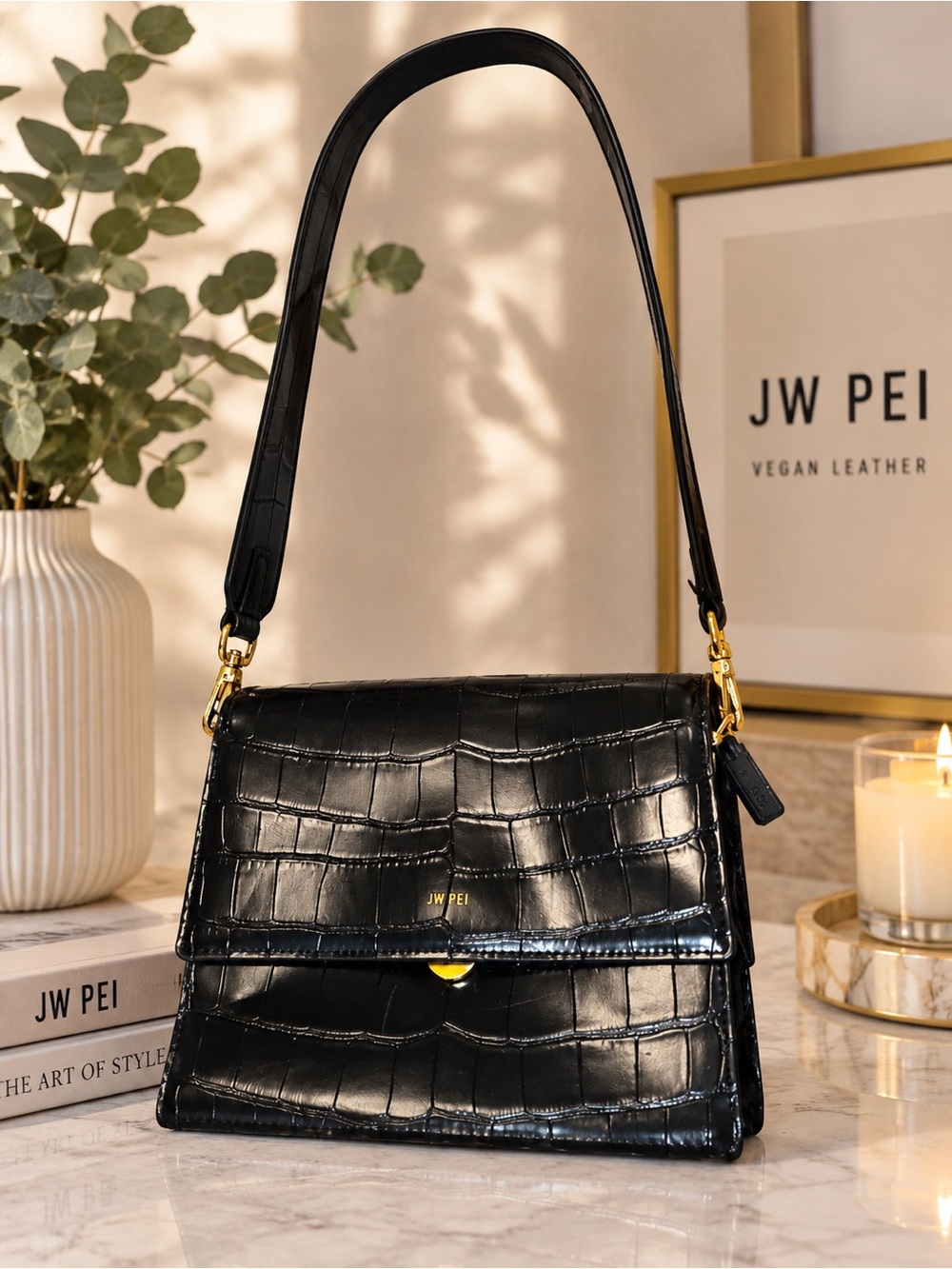 JW PEI Black Croc-Embossed Top-Handle Satchel with Gold Hardware